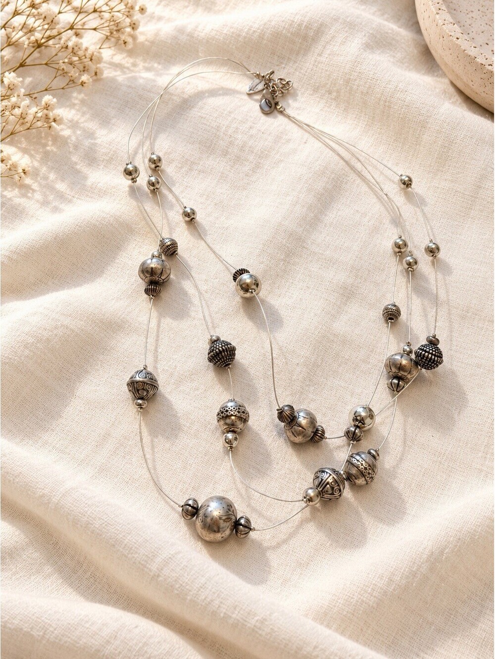 Coldwater Creek Silver Tone Multi Strand Beaded Necklace